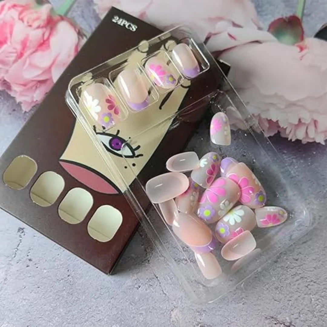 24Pcs Short Almond Press-On Nails Pink Floral French Tip Glossy&Elegant Full Cover Fake Nails for Women&Girls Spring,Daily Wear