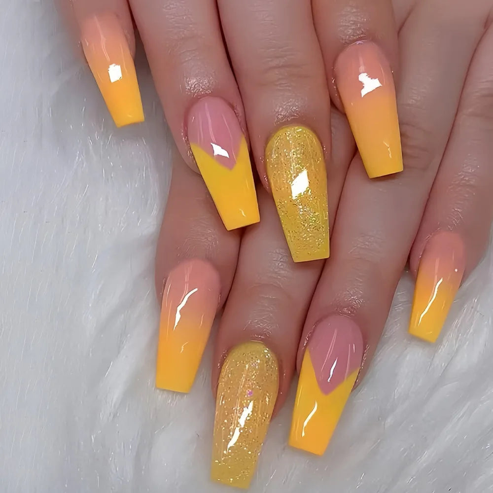 24pcs/set Medium long fake nails for women girls Y2K gradient purple blue yellow green square almond tips press on false nails