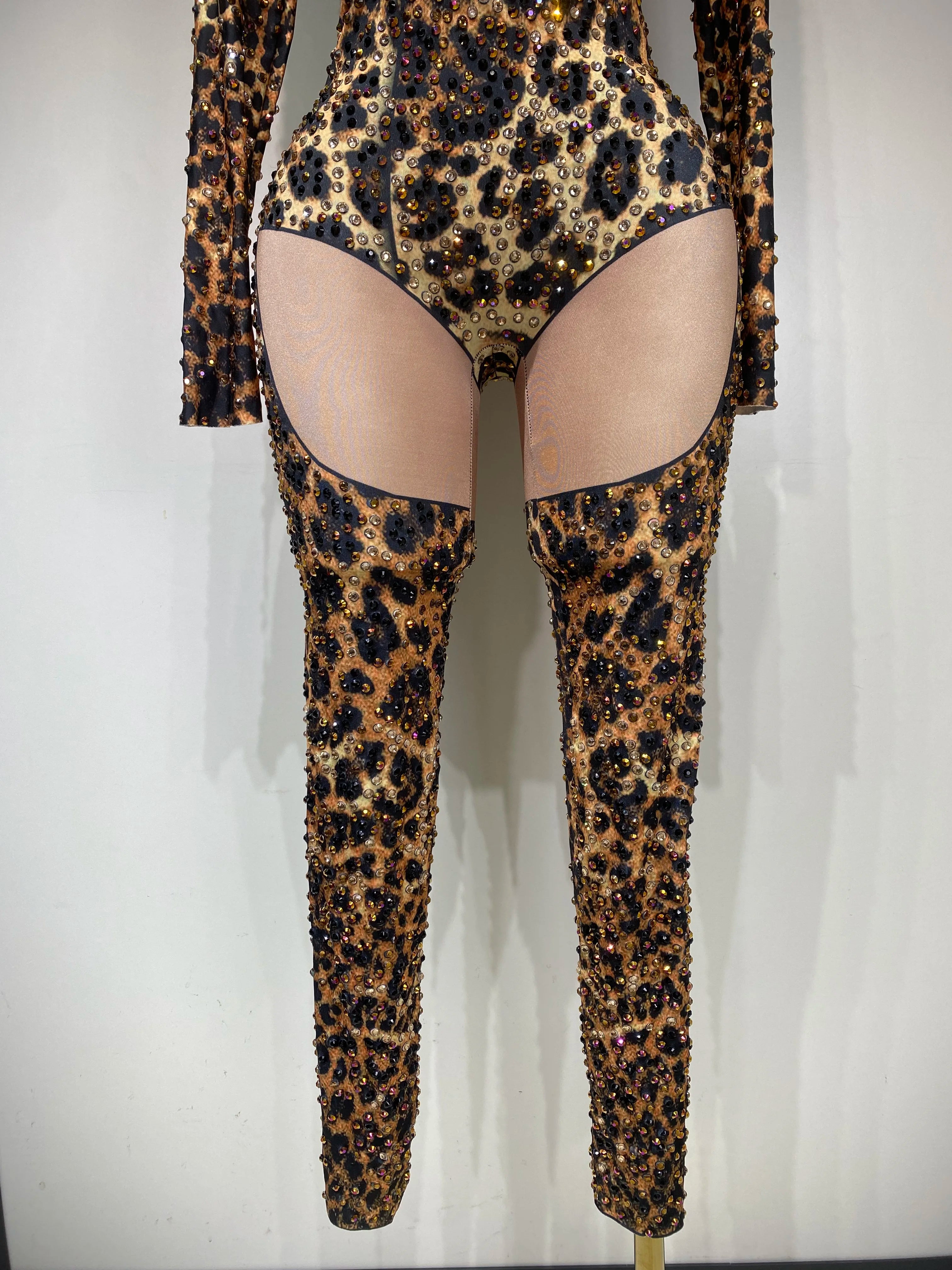 Women 2025 Stretch Leopard Print Sexy Bodycon Jumpsuit Bar Nightclub Singer Dancer Luxury Diamond Stage Performance Outfit