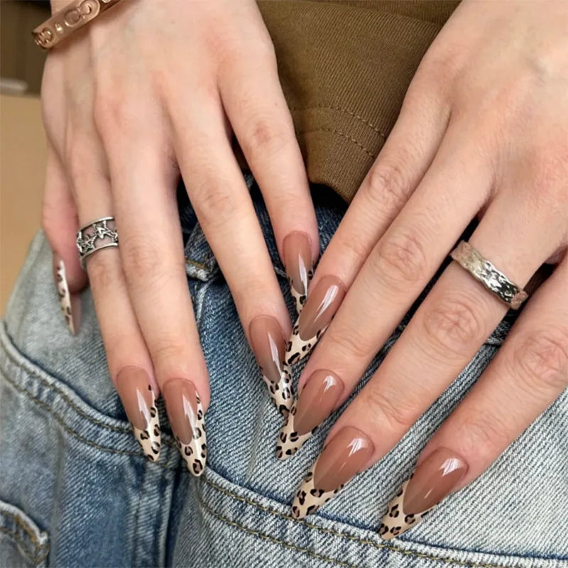 24Pcs Mid-length Almond Nails Set Press on Leopard Print French Fake Nails 3D Bow Pearl Reusable Full Cover False Nails Tips Art