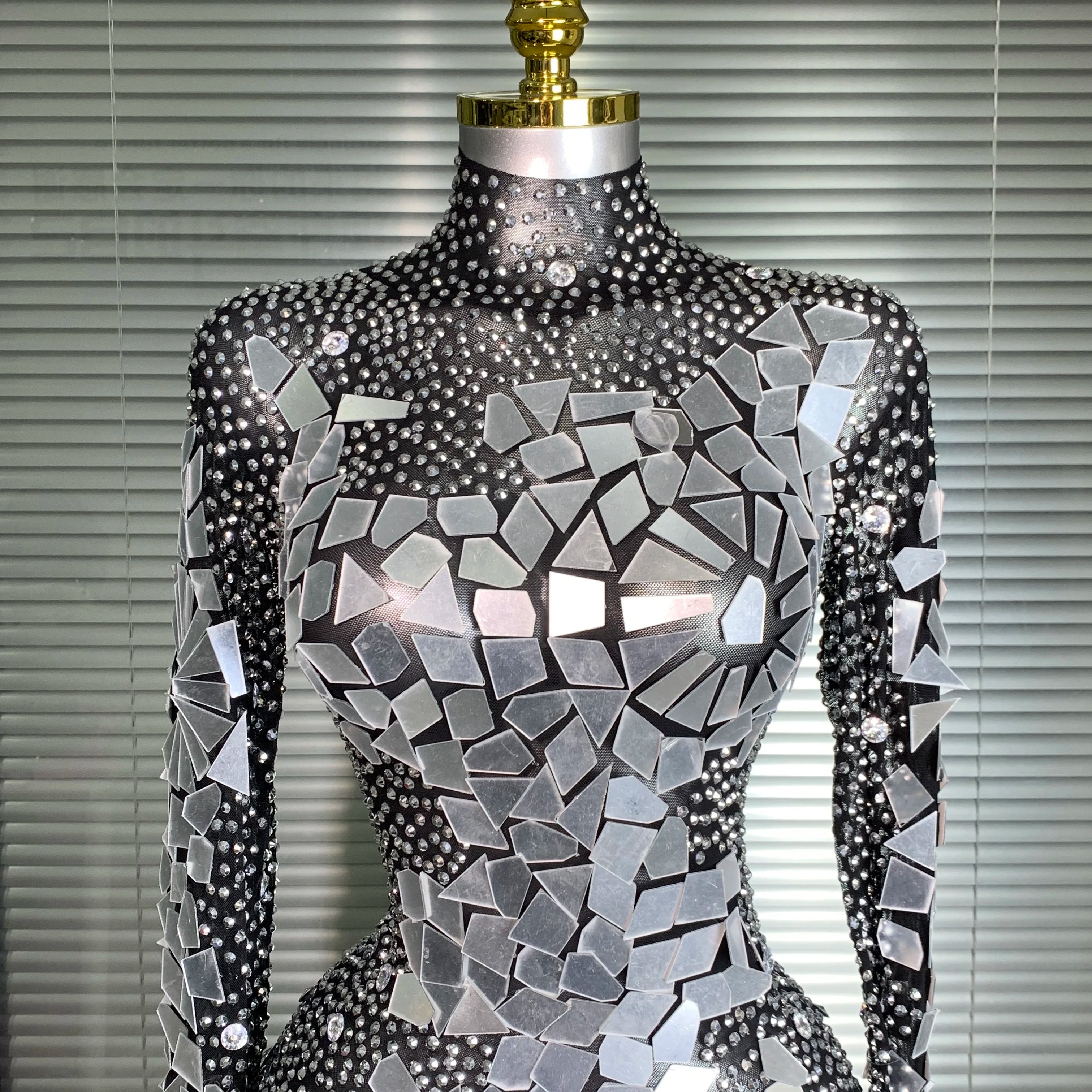 INS New Women Sexy Mesh Rhinestone Mirror Sexy Night Club Bodysuit One Piece Designer Dancer Singer Costume Party Bodysuit