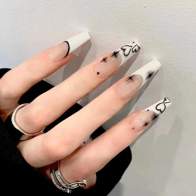 Black Long Coffin Fake Nails Square Head Press on Nails Love Heart Printed Women Girls Valentine's Day Wearable False Nail 24Pcs