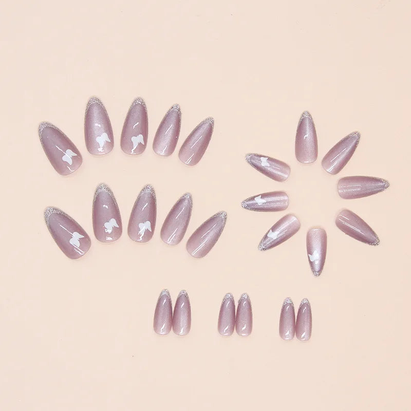 24pcs French Style Purple Cat Eyes Press on Nails White Butterfly Simple Almond Nails Full Cover Wearable False Nails