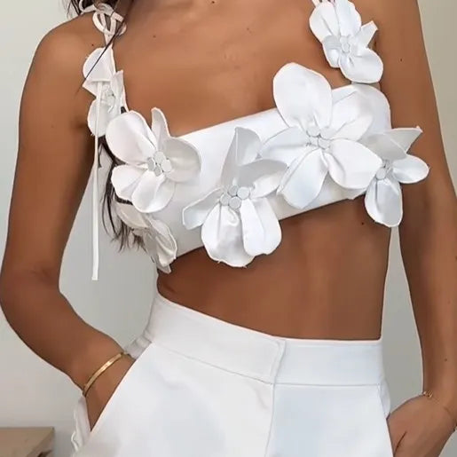 Summer Sexy 3d Flowers Sling Tank Tops Women Elegant Slim White Backless Crop Top New Chic Female Holiday Party Outfits WHITE