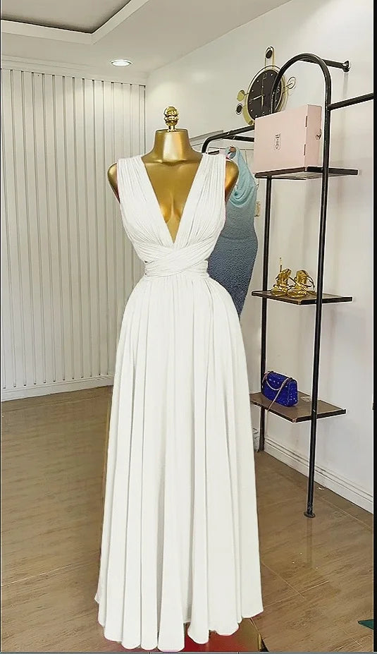 CM.YAYA Women Sleeveless Cutout Back Wrap V-neck Pleated A-line Chiffon Maxi Long Dress Birthday Vacation Sexy Party Dresses WHITE