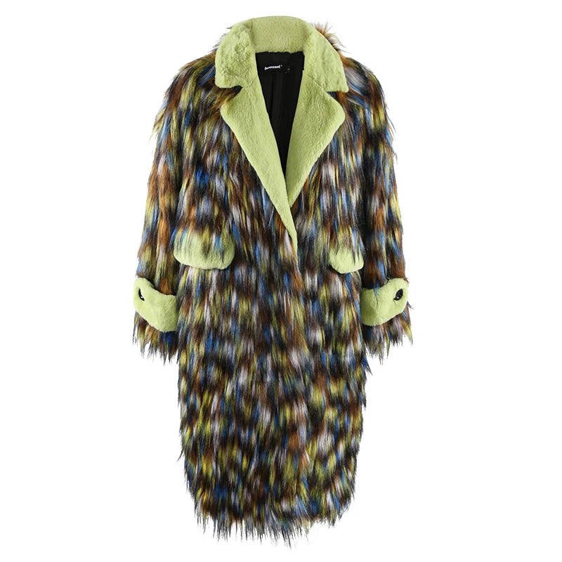 Winter Long Colorful Thick Warm Colorful Hairy Shaggy Patchwork Faux Fox Fur Coat Women Fluffy Furry Overcoat multicolour