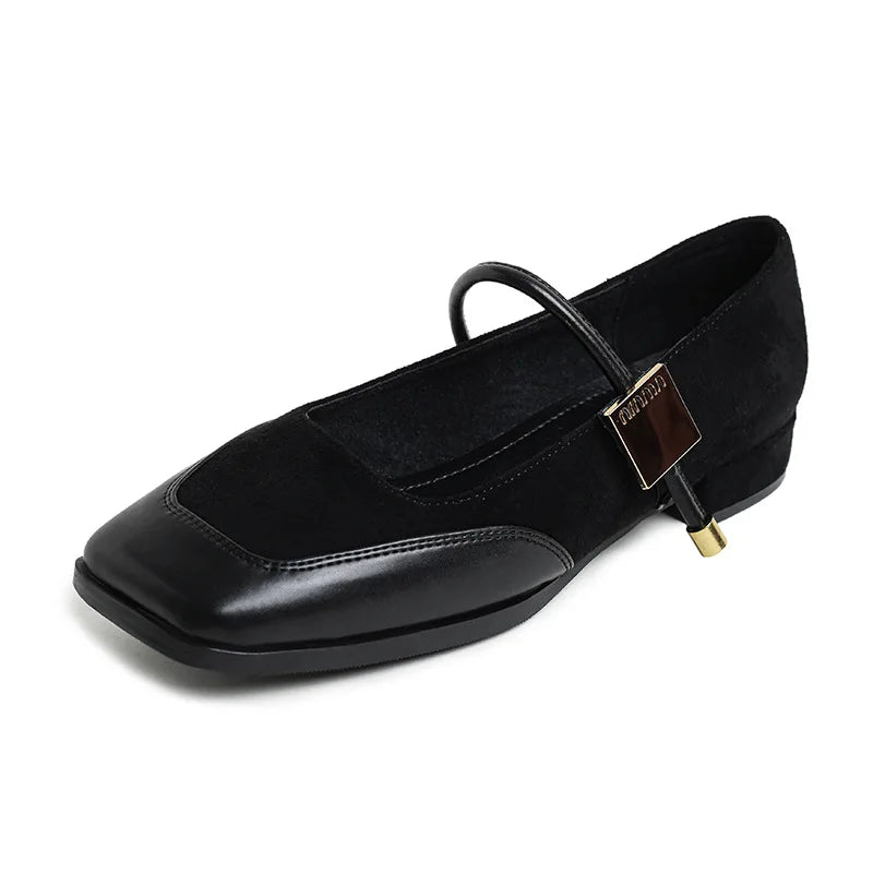 Sapatos femininos de salto baixo e bico quadrado 2024 - Sapatos de trabalho de escritório da moda, primavera/outono, confortáveis, sem cadarço