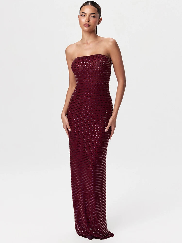 VC Redwine Beaded Strapless Long Maxi Dress For Women Elegant Sleeveless Backless Sparkle Crystals Bodycon Cocktail Evening Gown