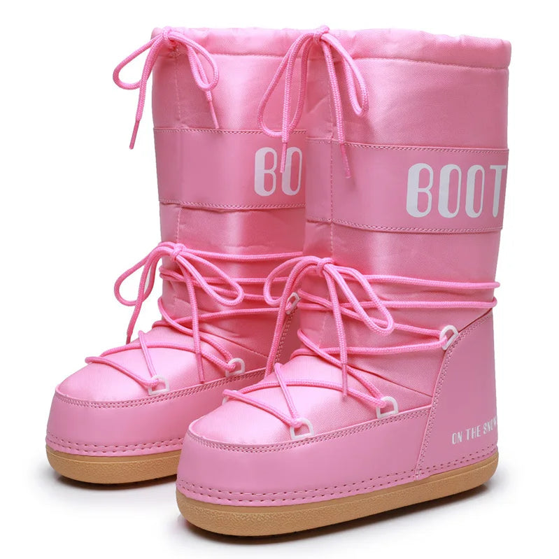 Winter Ski Boots Women Snow Boots Brand Design Lace-up Platform Waterproof Long Boots Female Pink Warm Thick Cotton Boots pink