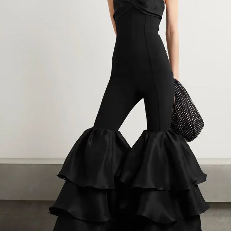 Macacão feminino chique, sexy, sem alças, com babados, justo, preto, bandagem, designer de celebridades, 2023