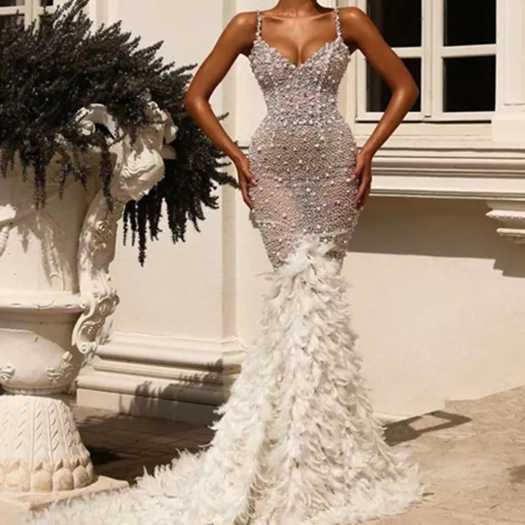 Women Celebrity Sexy V Neck Pearl Sequins Feather Maxi Long  Dress 2024 Elegant Party Evening Stage Performance Dress Vestido