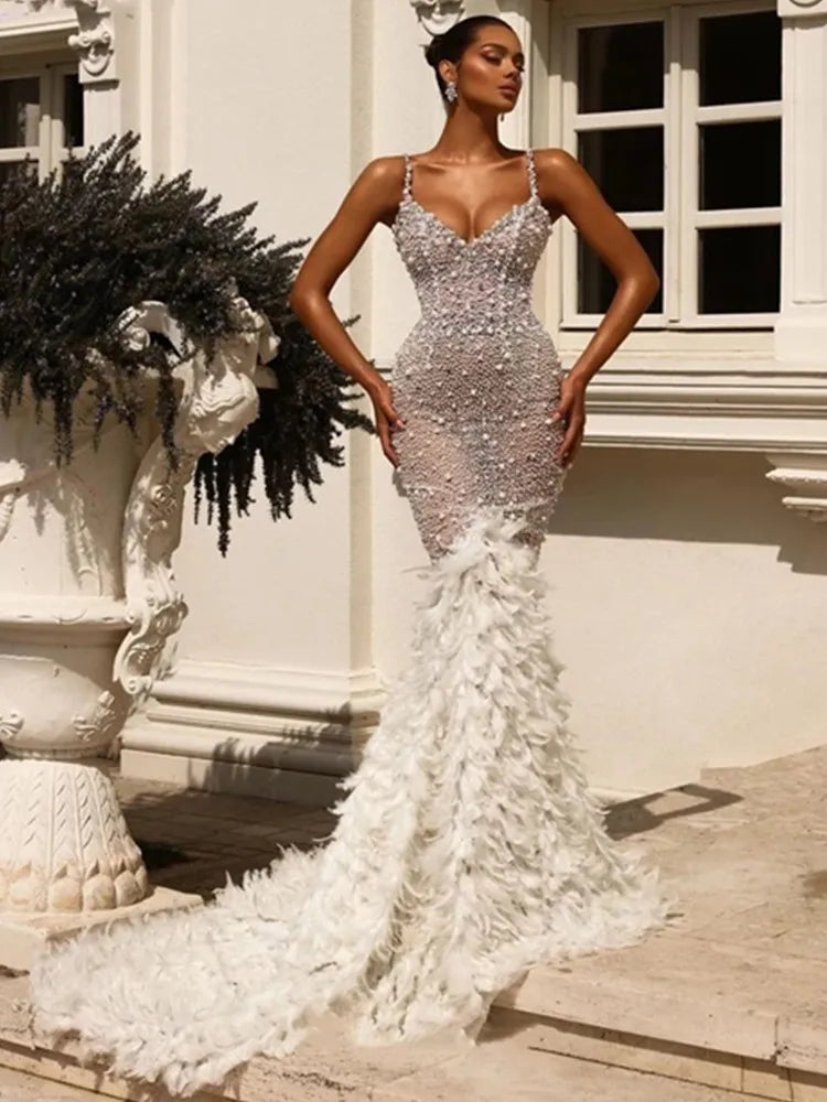 Women Celebrity Sexy V Neck Pearl Sequins Feather Maxi Long  Dress 2024 Elegant Party Evening Stage Performance Dress Vestido