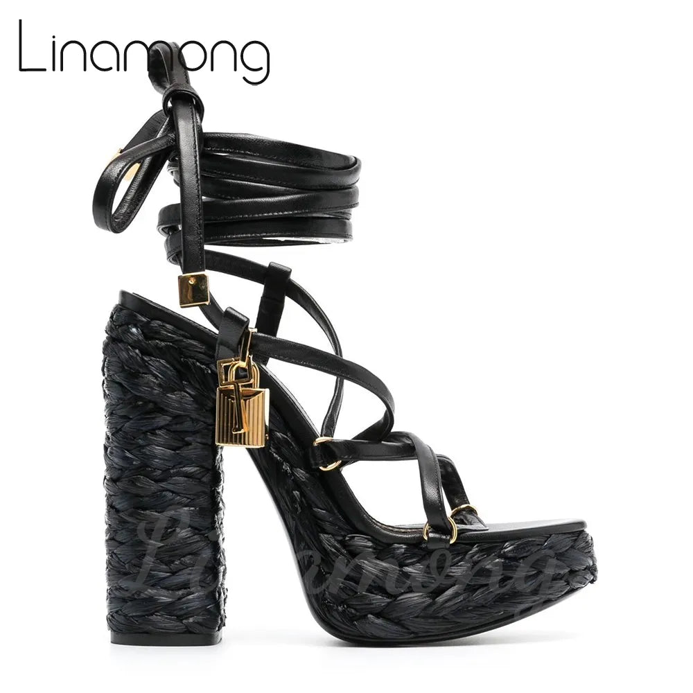 Metallic-Effect Leather Platform Sandals Metal Lock Ankle Strap Espadrilles for Women Luxury Design Round Toe Strap Summer Shoes black