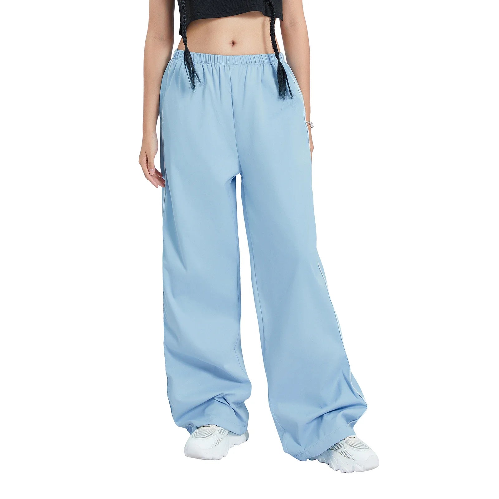 Women s Y2k Elastic Waist Cargo Pants Loose Solid Color Joggers Workout Pants with Pockets Streetwear Light Blue