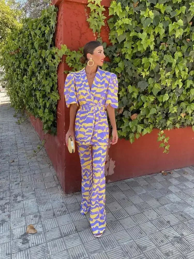Wave Striped Print Blazer Pants Set For Women Loose Lapel Puff Short Sleeve Coat Suit New Elegant Female High Street Outfit