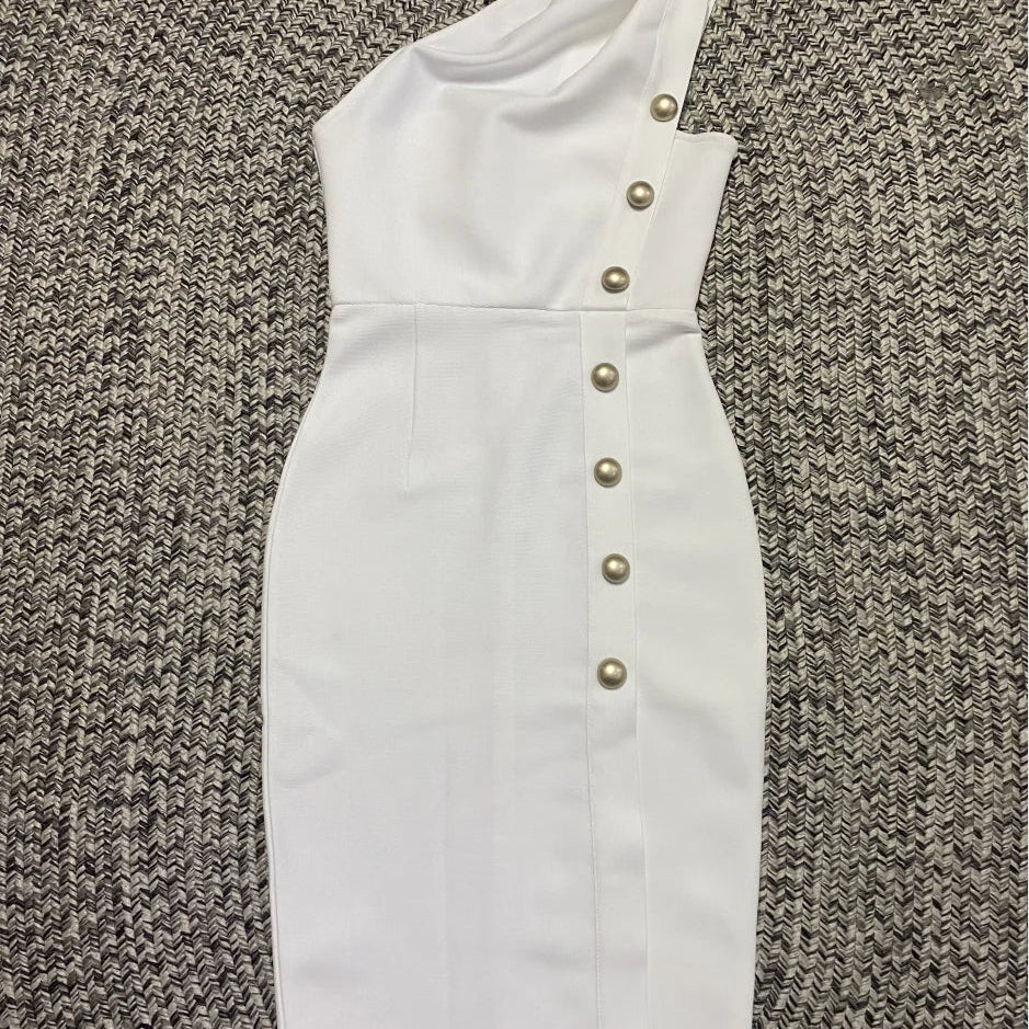 White Color Women Sexy One Shoulder Button Bodycon Mini Dress Rayon Bandage Fashion Nihtclub Party Elegant Evening Party Dress