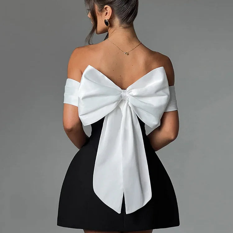 Vestido curto sexy sem costas com laço para mulheres, robe elegante, ombro de fora, sem alças, sem mangas, linha A, vestido sexy para clube
