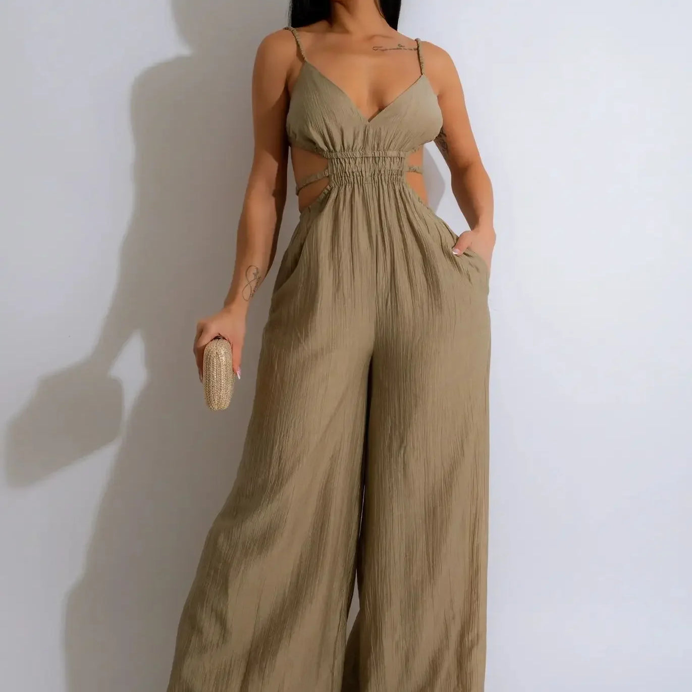 CM.YAYA Women Sleeveless Strap V-neck Backless Wide Leg Long Jumpsuits 2025 Summer Beach Night Club Street Sexy Outfit Rompers