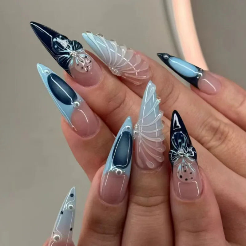 24Pcs Mid-length Almond Press on Nails 3D Blue Flower Smudge Fake Nails Irregular Polka Dot Reusable Full Cover False Nails Tips