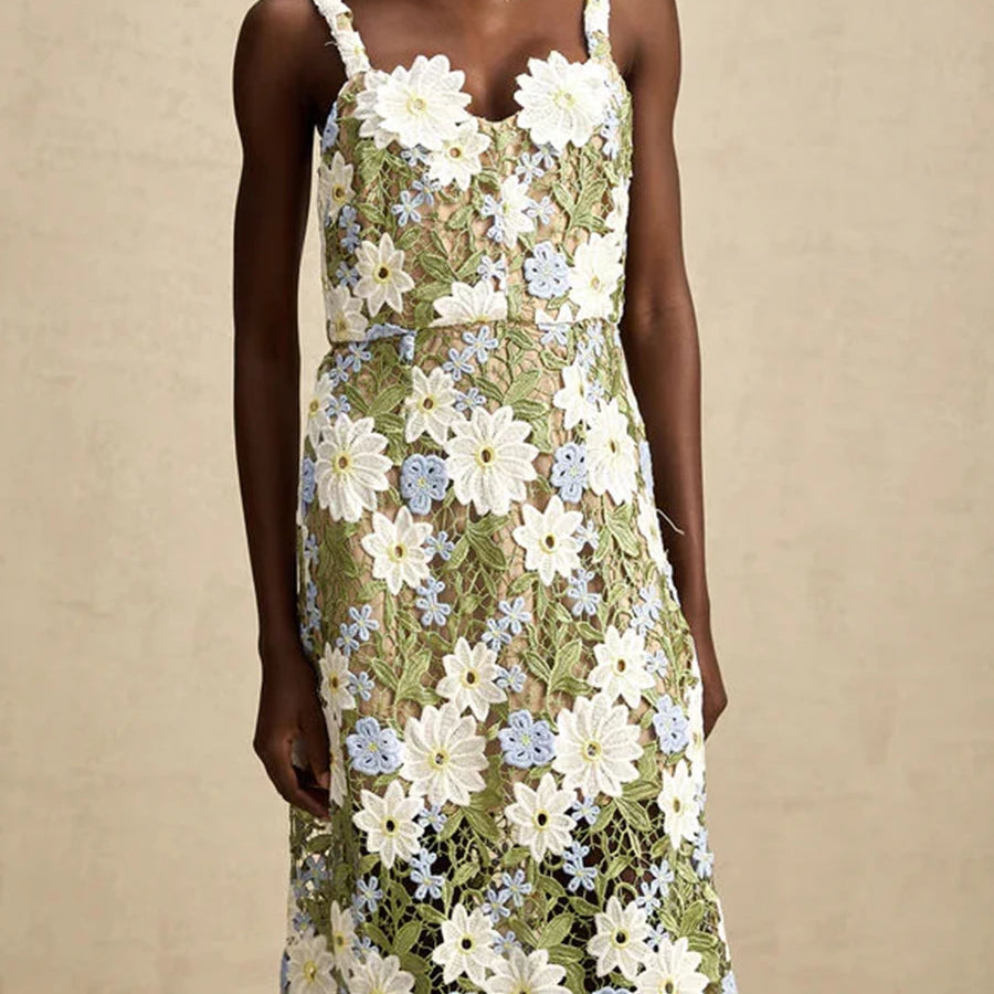 TWOTWINSTYLE Colorblock Slimming Fashion Midi Dresses for Women Square Neck Sleeveless Patchwork Applique Dress Female Clothing