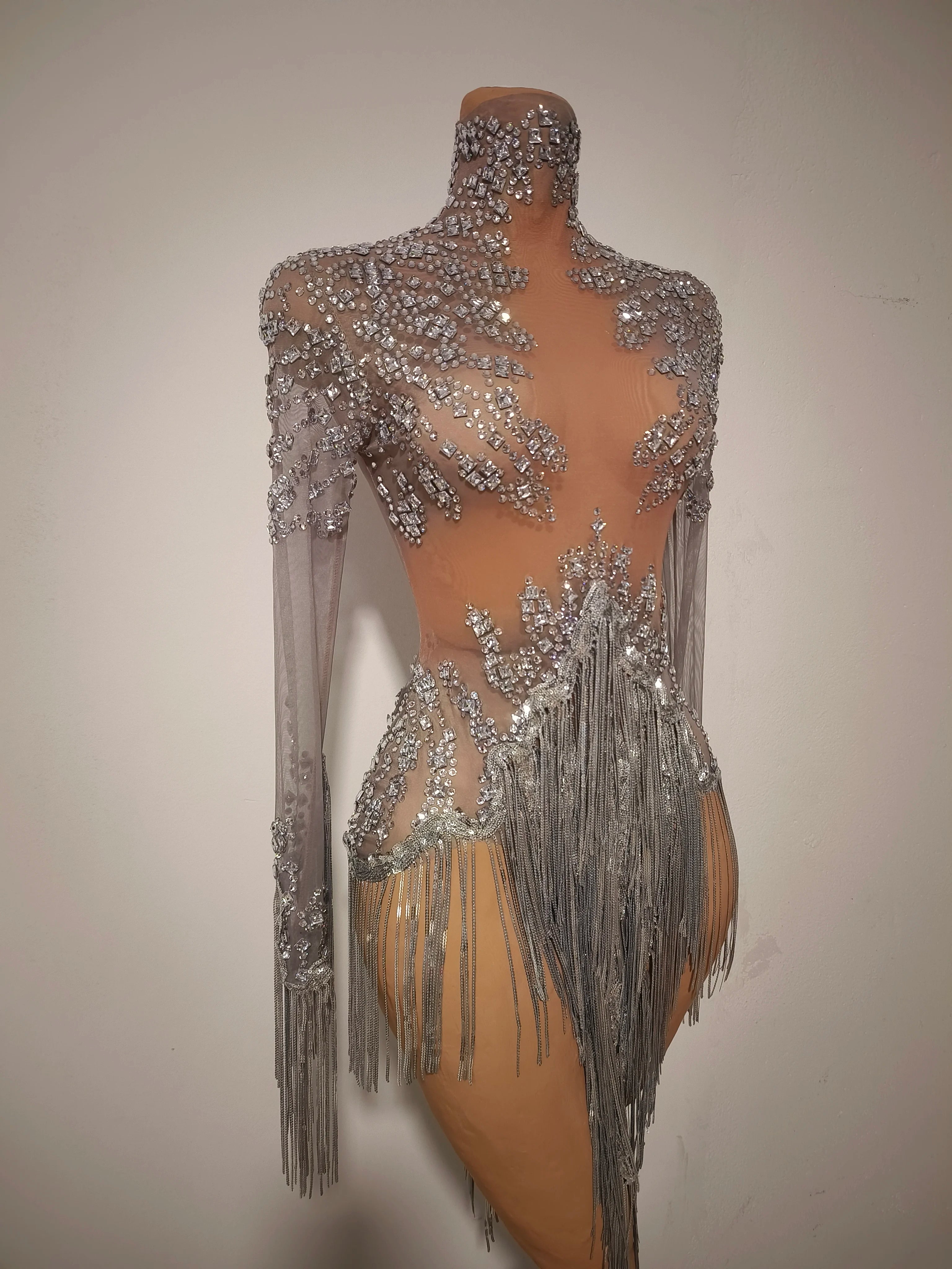 Women Sexy Gray Silver Tassel Crystal Diamonds Stretchy Night Club See Through Singer Dancer Stage Costume Party Bodysuit