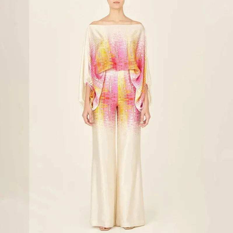 Women Fashion Hollow Off Shoulder Tops With Long Pants Office Lady 2 Piece Sets New Casual Wide Leg Pants Suits Pink-gradient