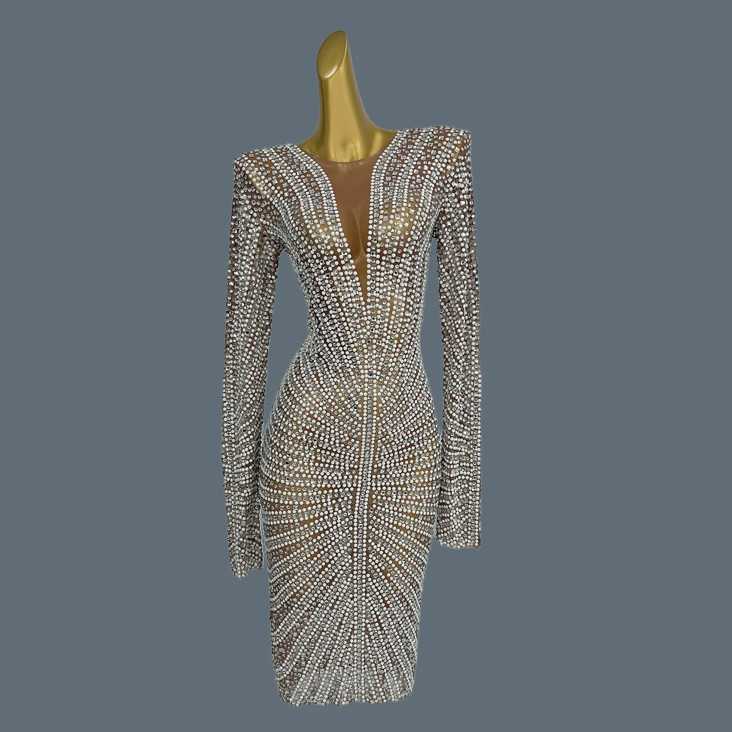 Elegant Birthday Party Short Dress for Women Celebrity Evening Sparkly Rhinestone Prom Gowns Luxury Long Sleeve Dress Tanhuang