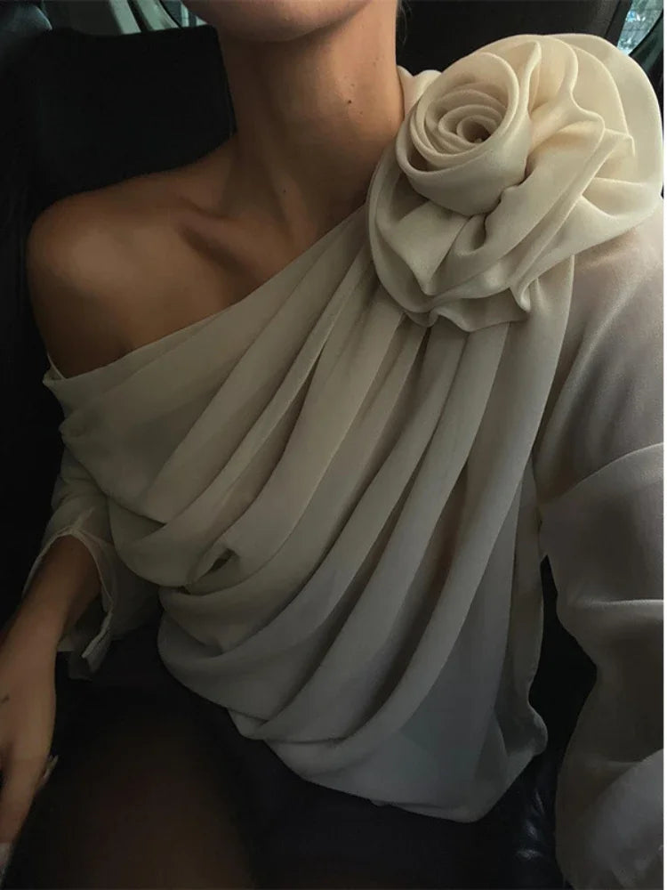 Women's Blouse Sexy Sker Collar Long Sleeve Ladies Office Blouse and Shirts Female Tops Elegant 3D Flower Shirts