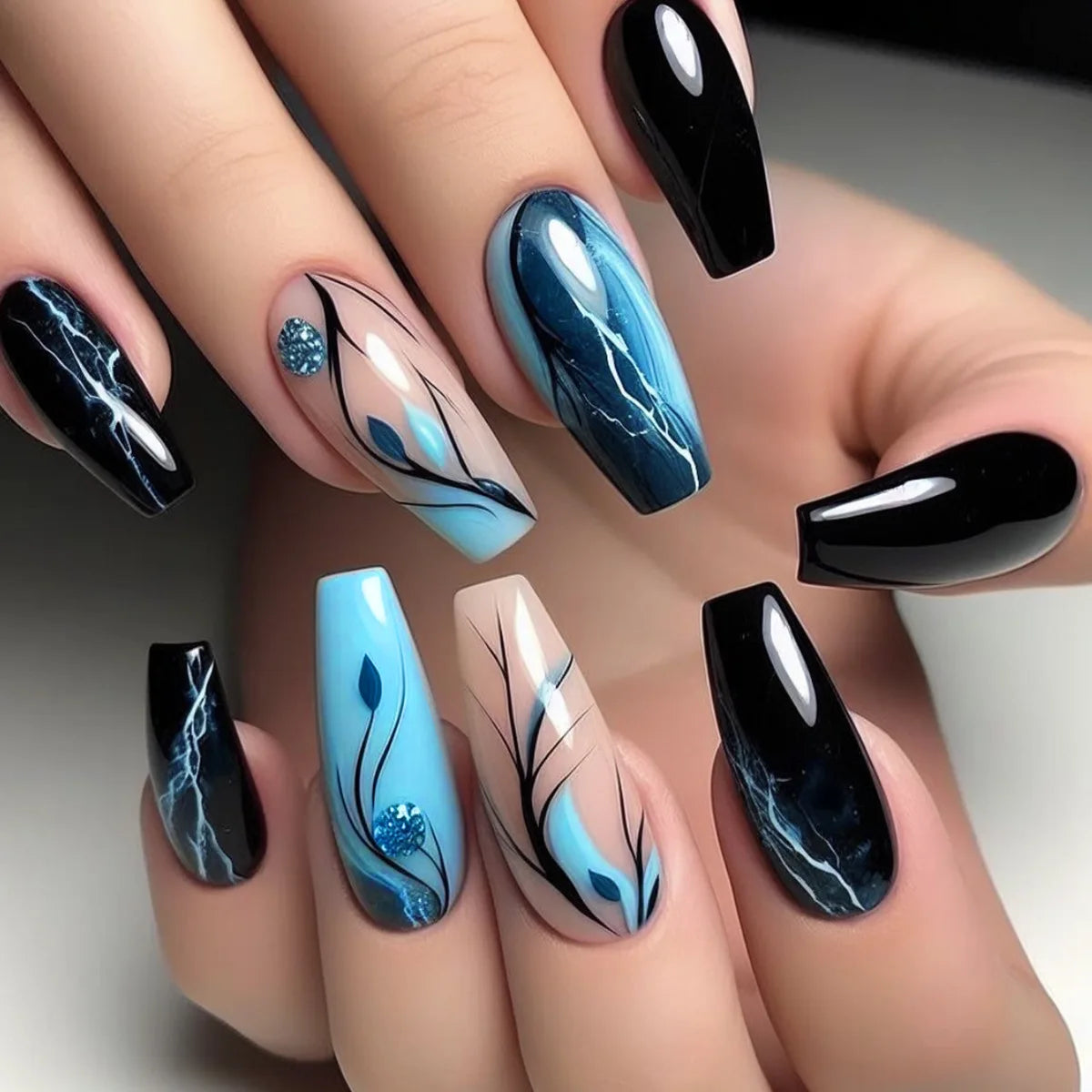 24Pcs Long Ballet False Nails Dark Red Flower Press on Nails Stripe French Coffin Nails Romantic Rose Medium Acrylic Fake Nail
