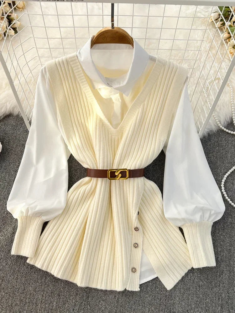 Loose White Shirt Long Sleeve Top Women's Belt Slit Knit Vest Korean Fashion Two Piece Set for Women Blouse Spring New Apricot color