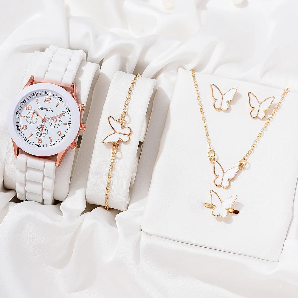Luxury Watch Women Necklace Earrings Bracelet Set Watches Butterfly Silicone Strap Ladies Quartz WristWatch No Box White A