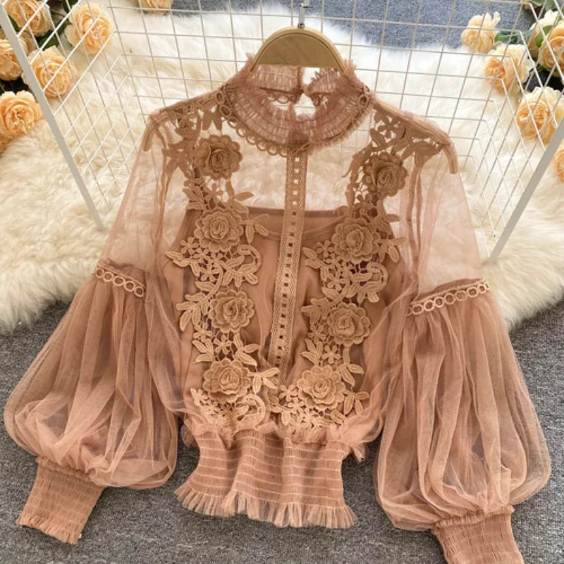 Flower Lace Women Shirts Fashion Slim Lantern Sleeve Ladies Blouse Comfortable Vintage Autumn Winter Thin Perspective Gauze Tops