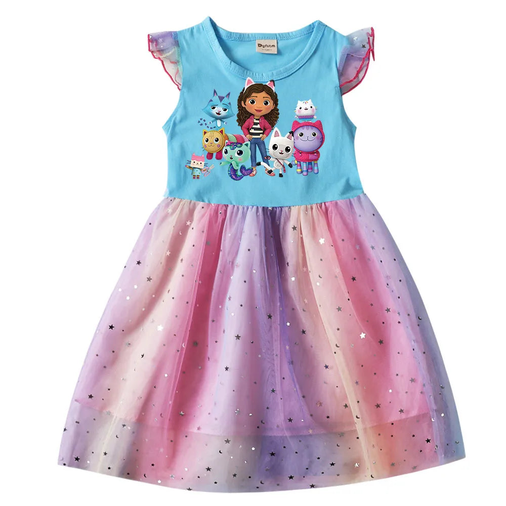 Adorable Cartoon Gabby Cats Fly Sleeve Baby Girl Dress with Bag and Headband Kids Gabby's Dollhouse Cosplay Costume blue dress
