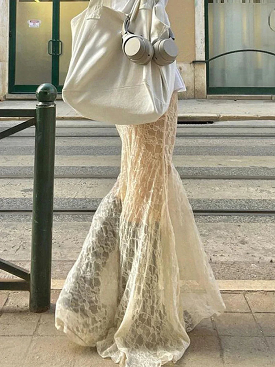 Women Lace Fishtail Skirt Casual for Beach Vacation See Through Mid-Waisted Maxi Skirts Women Autumn Spring
