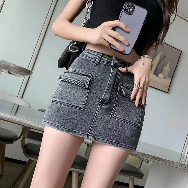 Korean High Wiast Denim Mini Skirt Women Sexy Hot Girl Tight Bag Hip Skirts Female Slim Anti-Glare Short Skirts Female Black gray