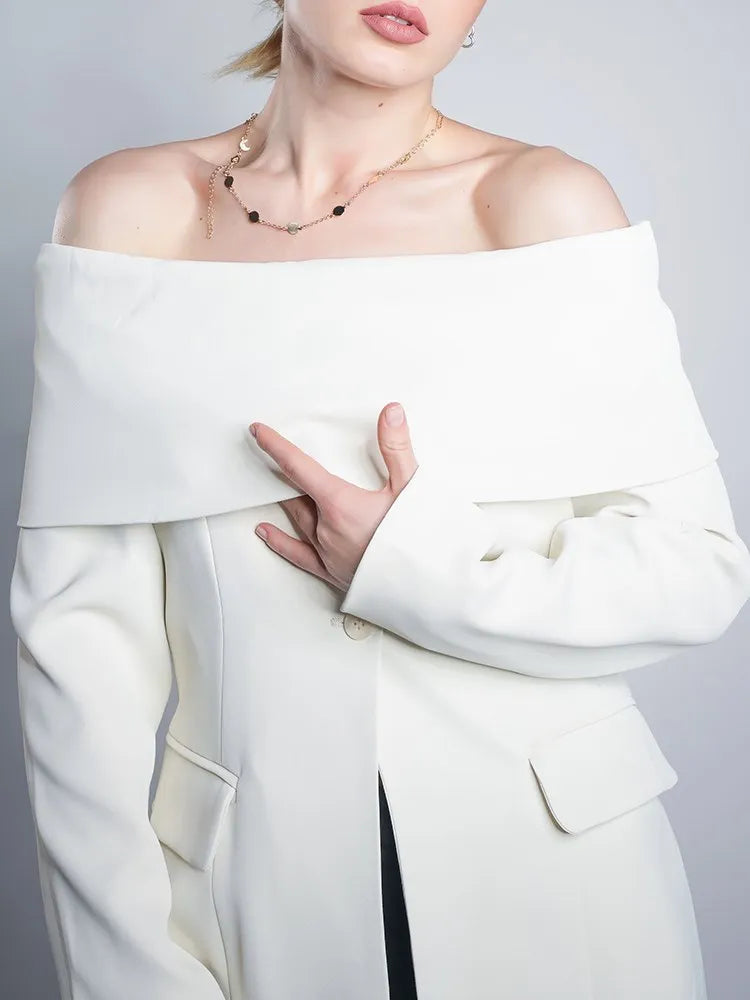 TWOTWINSTYLE Solid Temperament Blazers For Women Slash Neck Long Sleeve Patchwork Pocket Minimalist Slim Blazer Female Fashion