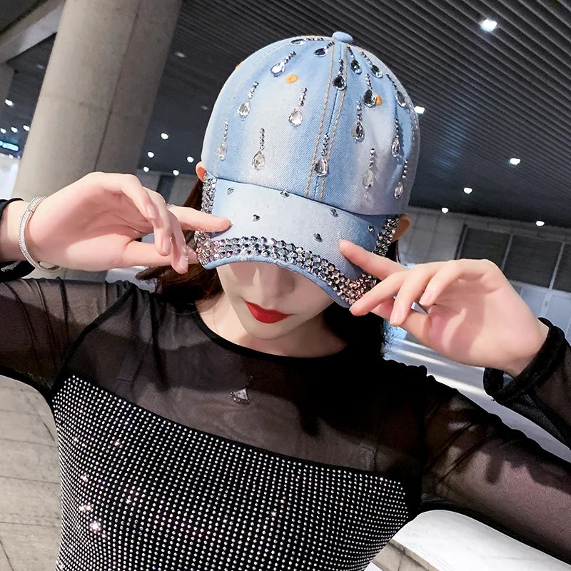 Denim Hip Hop Caps Fashion Leisure Woman Cap With Water Drop Rhinestones Vintage Jean Cotton Baseball Caps For Men