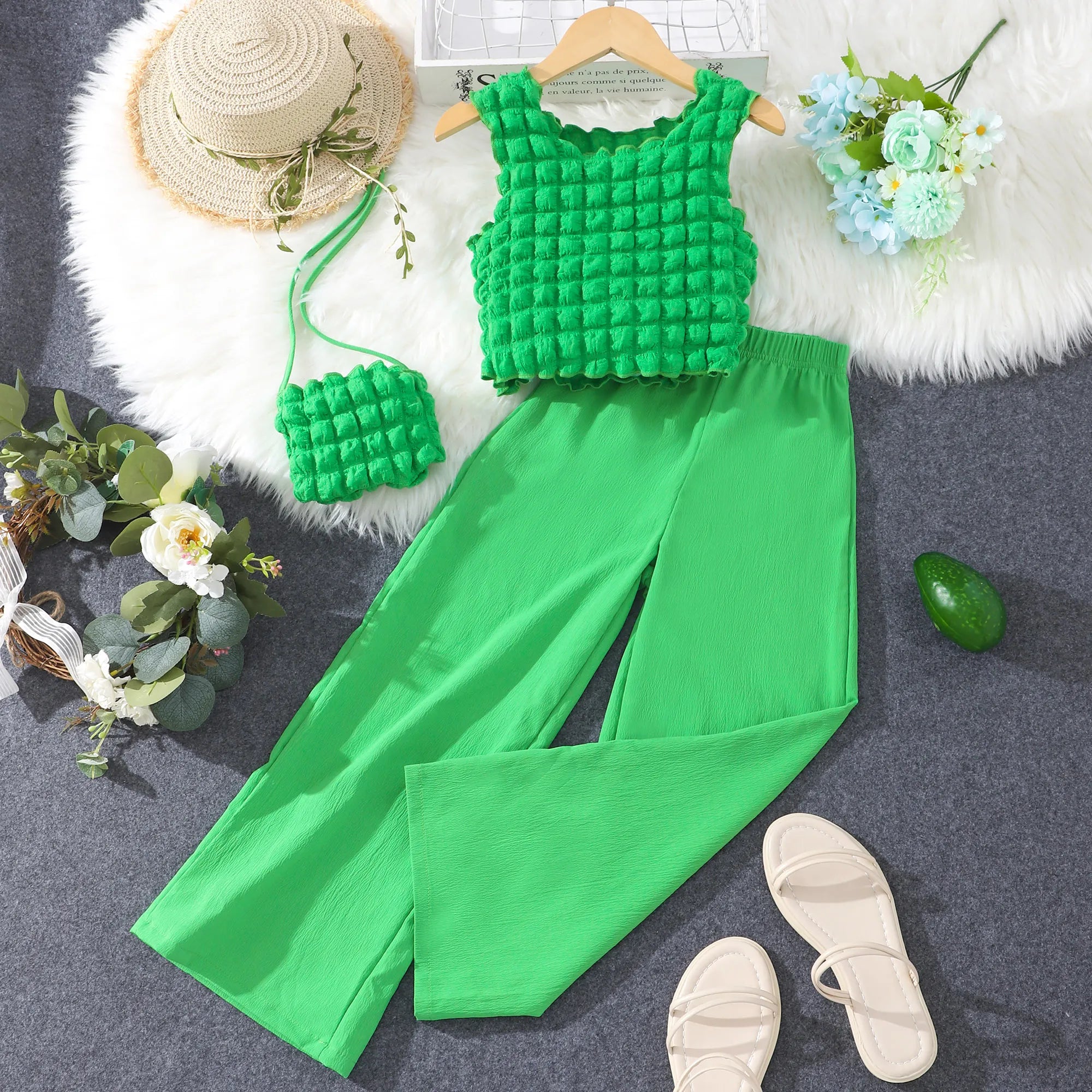 Girls Clothes Summer Clothes Beautiful Fashion Round Neck Sleeveless Solid Pants with Bag Set Clothing for Girls