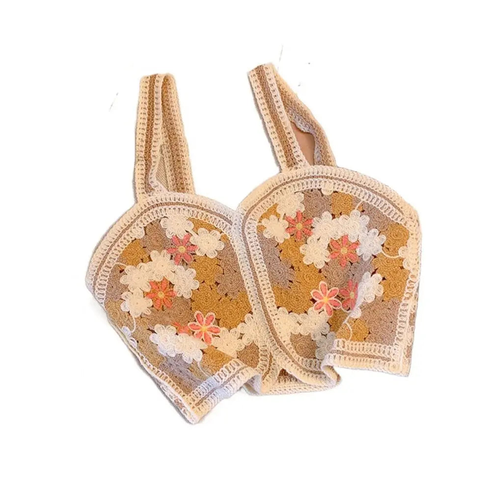 Stylish Sweet Crochet Summer Bohemia Tank Tops Hollow Out Crop Tops Korean Sleeveless Garment Women Cotton Camisole apricot