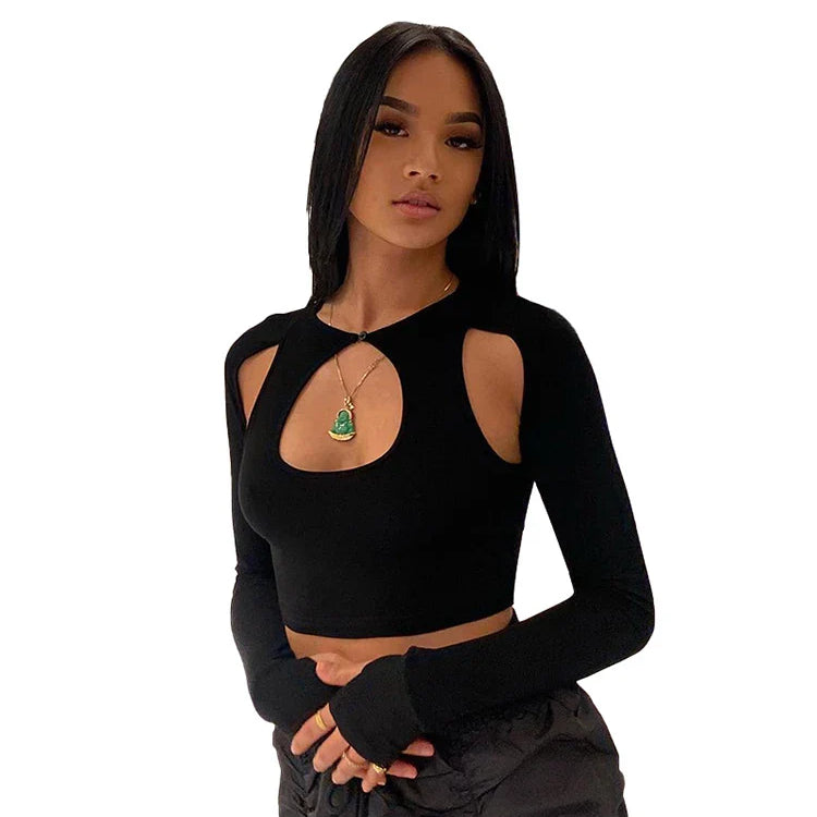 2023 Summer Long Sleeve Cropped Corset Women Top Sexy Aesthetic Club O Neck Fairy Grunge Black Women's T-Shirt