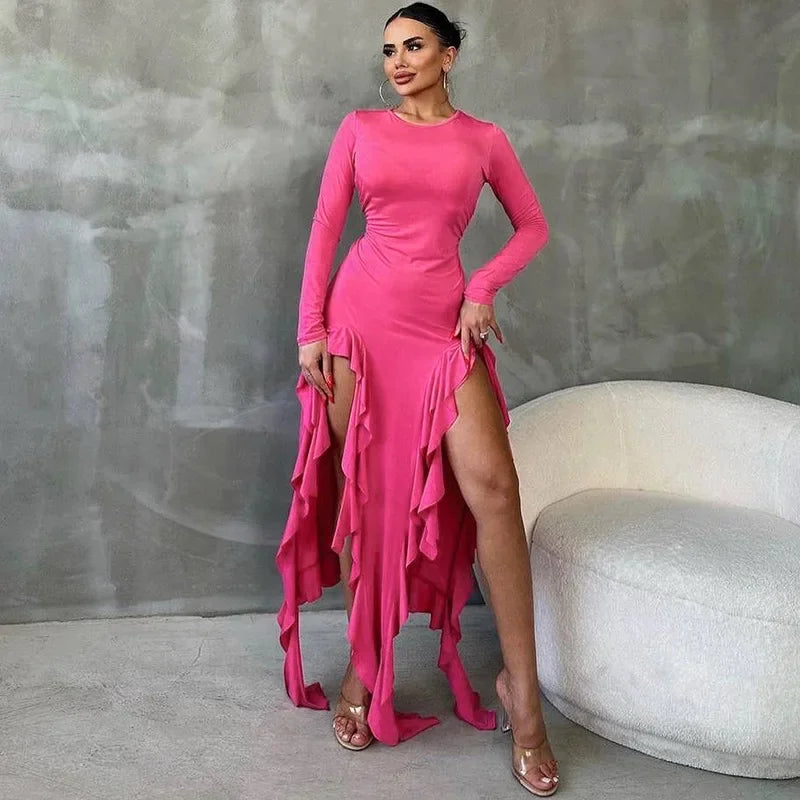 Autumn Long Sleeve Split Maxi Dress Fashion Fringe Elegant Outfits for Women Ruffle Club Party Sexy Dresses Robe Sexy Dress