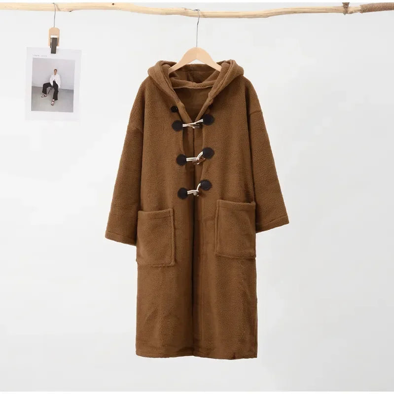 Faux Woolen Long Coat Women Long Sleeve Big Pocket Hoodies Outwear Autumn Winter Thickening Warm Loose Lady Jackets