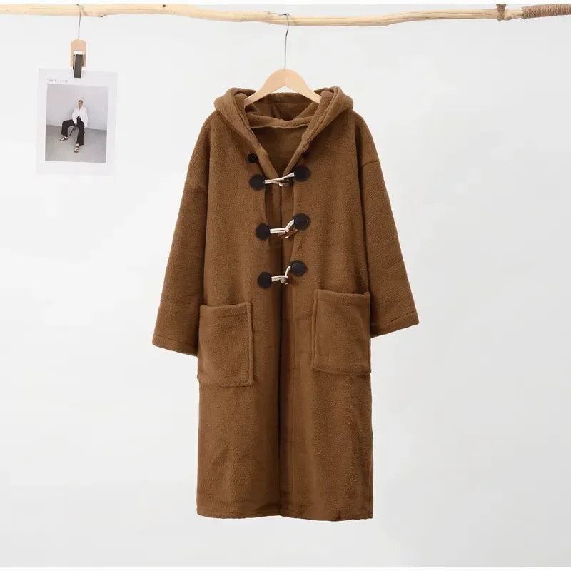 Faux Woolen Long Coat Women Long Sleeve Big Pocket Hoodies Outwear Autumn Winter Thickening Warm Loose Lady Jackets