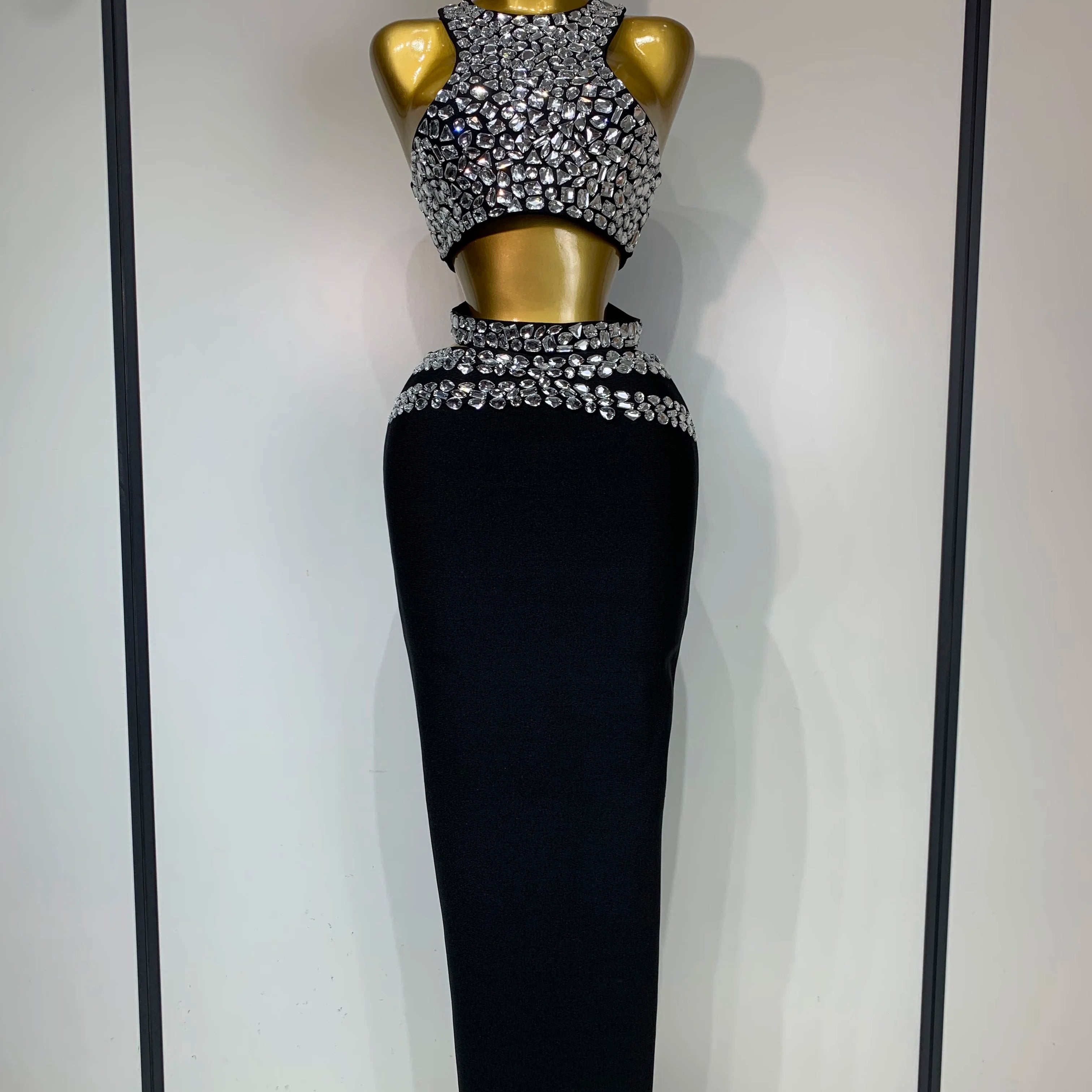 Sparkly Crystal Bodycon Long Bandage Dress 2025 Women Sexy Top Two Pieces Set Nightclub Elegant Party Birthday Stage Costume