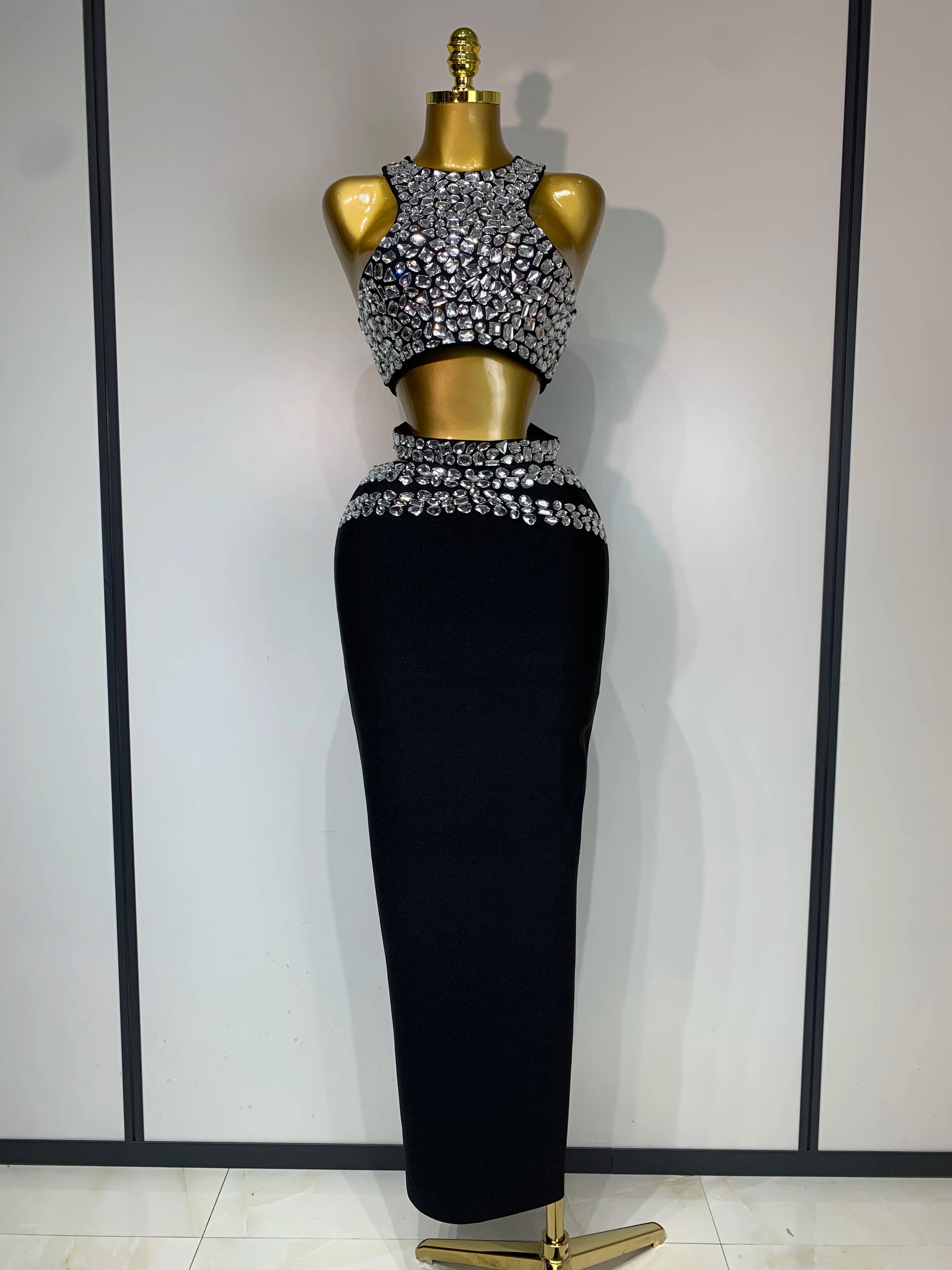 Sparkly Crystal Bodycon Long Bandage Dress 2025 Women Sexy Top Two Pieces Set Nightclub Elegant Party Birthday Stage Costume