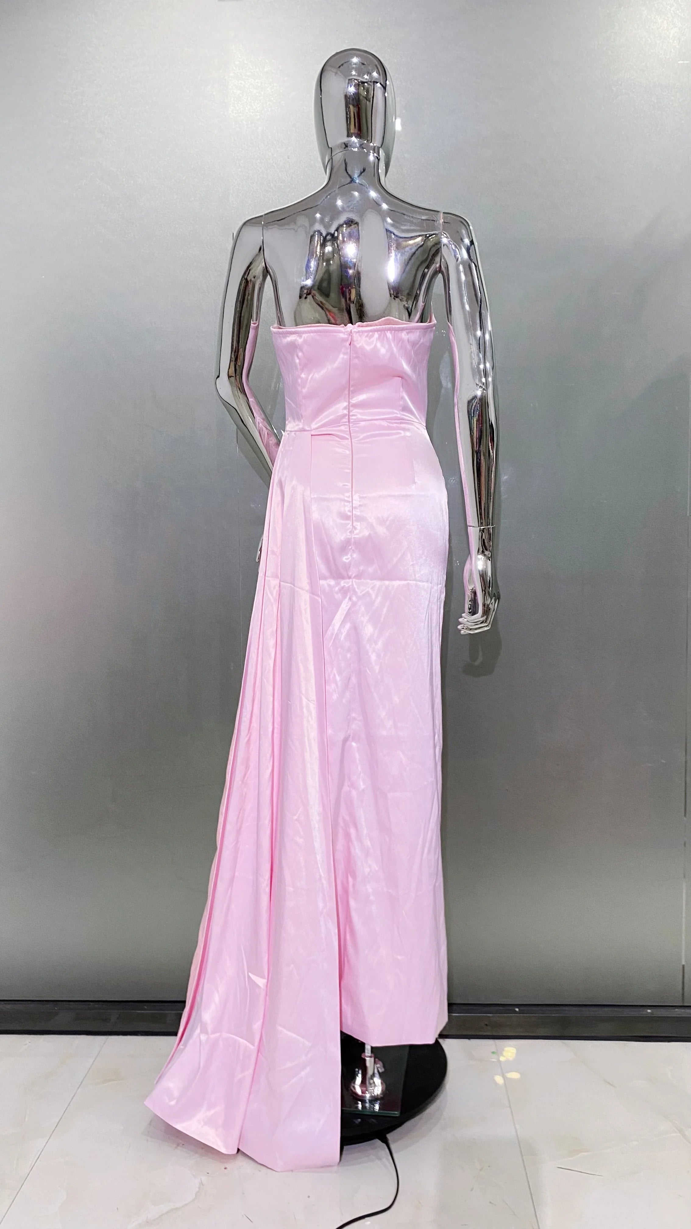 Pink Color Women Sexy Strapless Shinning Crystal Satin Bodycon High Split Dress Sweet Birthday Party Valentine's Day Dress