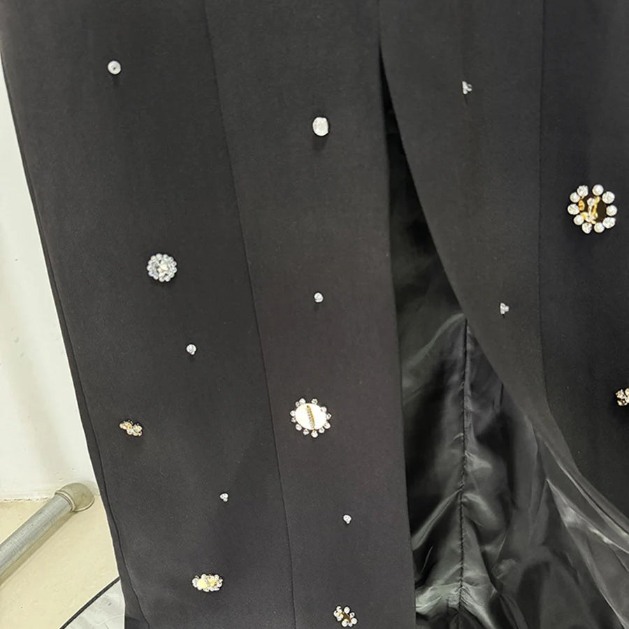 TWOTWINSTYLE Hit Color Spliced Bead Luxurious Dresses for Women Round Neck Long Sleeve Patchwork Wave Point Elegant Dress Female