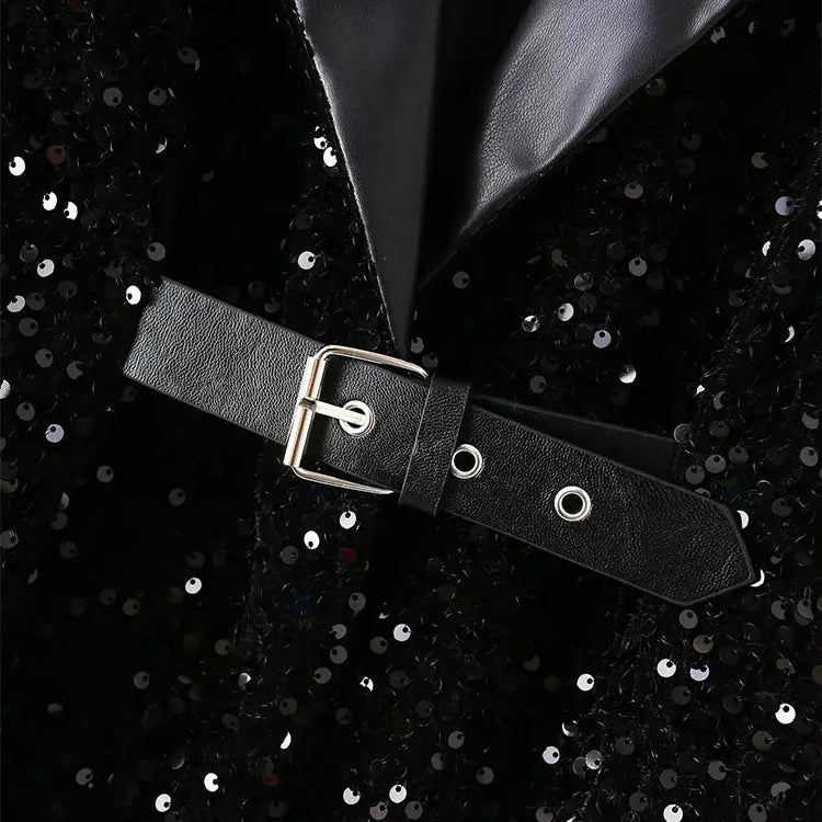 TRAF 2023 Autumn New Fashion Women Shiny Double-breasted Sequins Suit Jacket Female Coat Black Slim Fit Blazers with Belt