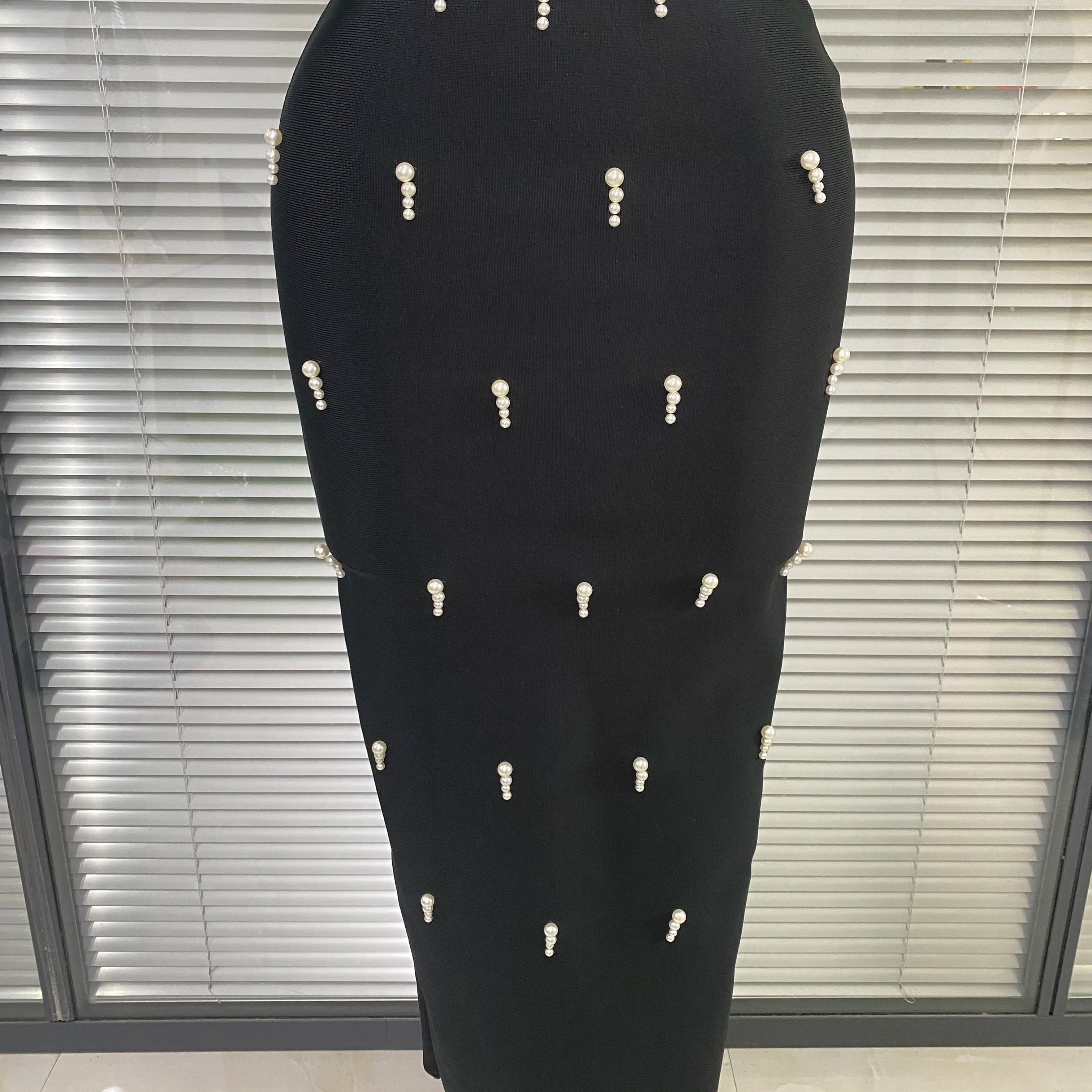 Women Sexy Black Pearl Off the Shoulder Long Bodycon Bandage Dress High Street Elegant Celebrity Party Dress