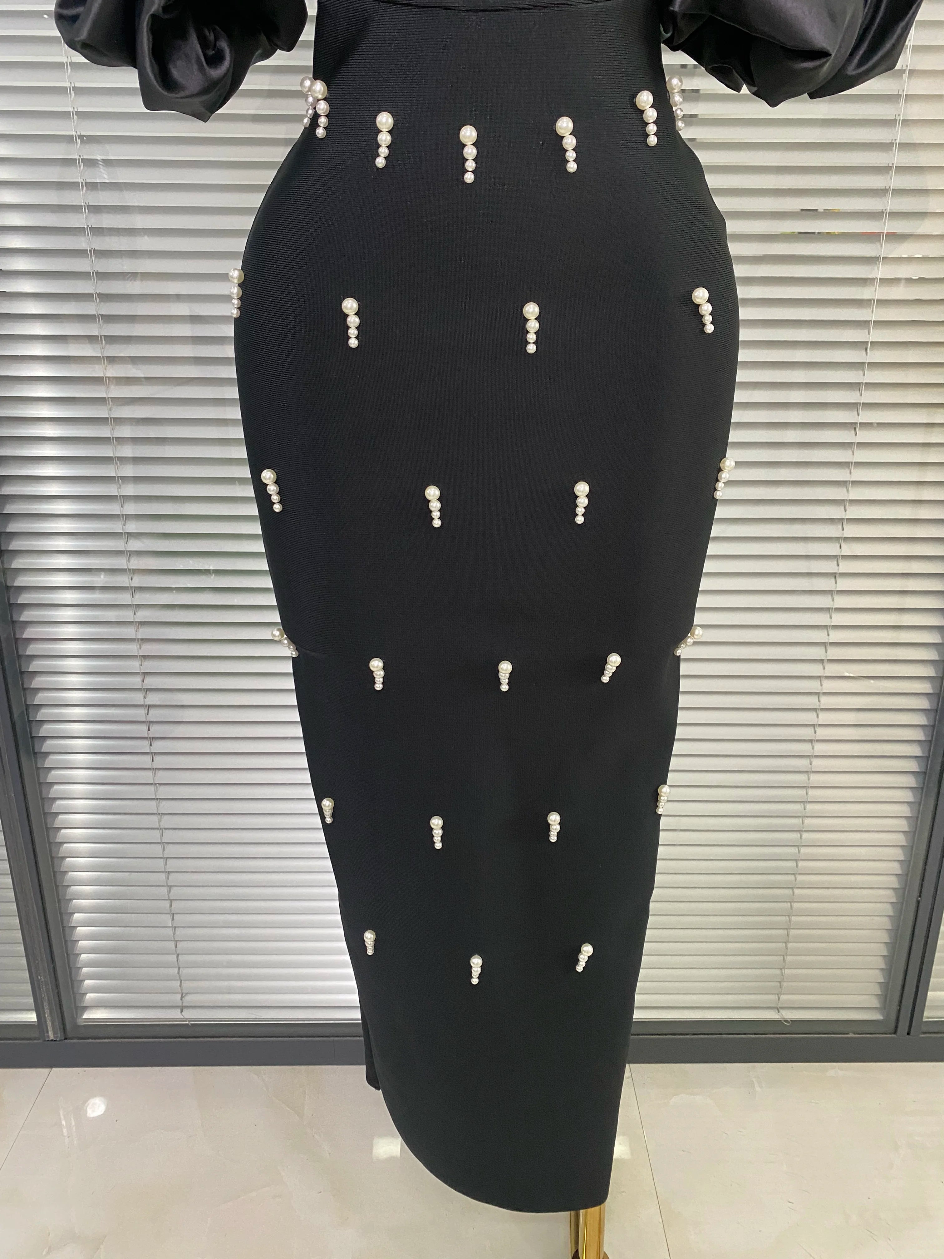 Women Sexy Black Pearl Off the Shoulder Long Bodycon Bandage Dress High Street Elegant Celebrity Party Dress